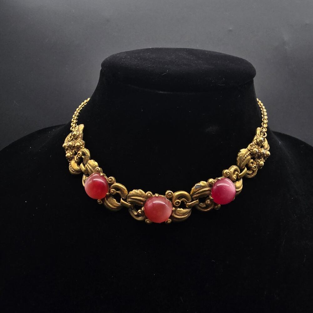 Vintage Pink Moon Glow Collar Necklace Gold Tone